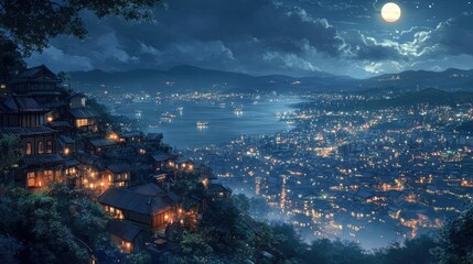 Fototapeta premium night cityscape hilltop village moonlit harbor asian architectur