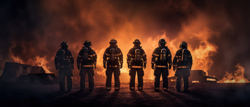 Six heroic firefighters stand united, silhouetted against a blazing inferno, symbolizing bravery, teamwork, and resilience in the face of danger during an intense firefighting operation