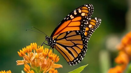 Fototapeta premium Majestic Monarch Butterfly Perched on Vibrant Orange Flowers Against a Lush Green Background, Capturing the Beauty of Nature in Springtime