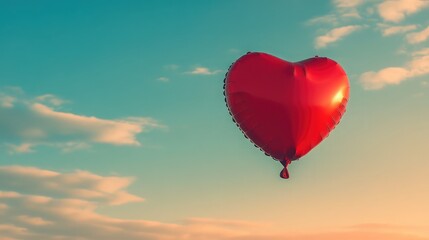 Fototapeta premium A Vibrant Red Heart-Shaped Balloon Floating Against a Beautiful Sky at Sunset, Symbolizing Love and Joy in a Dreamy Atmosphere