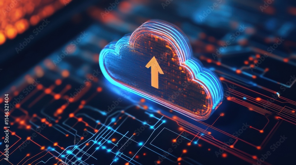 Poster cloud and internet information storage concept with digital cloud icon with arrow up with microcircu