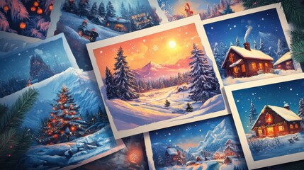 Fototapeta premium Collection of Christmas postcards and discount banner with Christmas landscapes on backgrounds