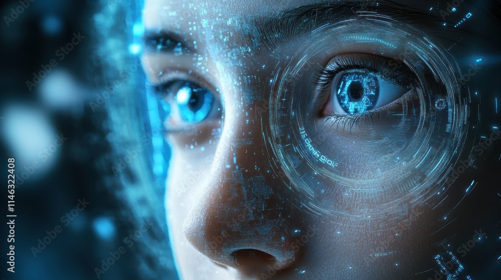 Poster face biometrical recognition system identify user personality app login closeup. futuristic security