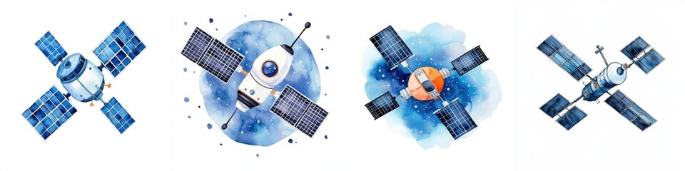 nighttime satellite images darkness concept. Four colorful illustrations of satellites in space, showcasing their designs and technological features against a blue background.