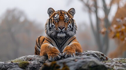 Obraz premium Majestic tiger rests on a rock, gazing intently. The muted autumnal colors create a serene atmosphere.