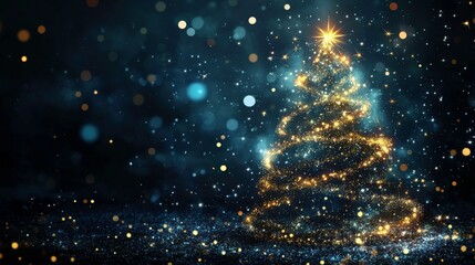 Naklejka premium Magical Christmas Tree Sparkling with Golden Lights and Glittering Ornaments Against a Starry Night Background for Holiday Celebrations and Festive Decor