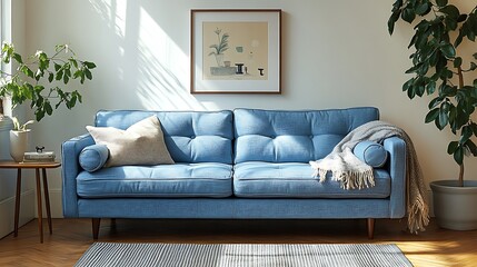 Photo of a light blue sofa in front of an old white wall background