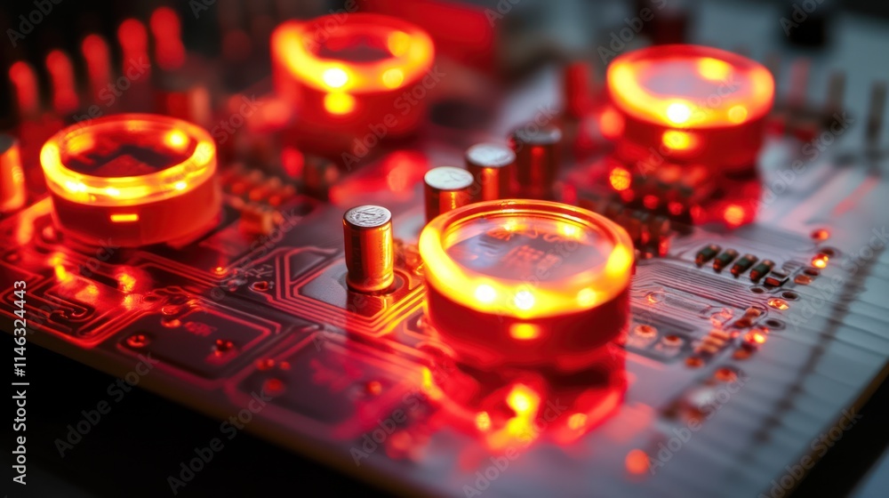 Aufkleber a close-up of a circuit board with glowing red components, showcasing electronic technology.