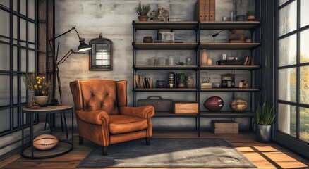 A modern living room with a comfortable and fluffy leather sofa and a wooden shelf next to it, containing essential items. Living room interior design with elegant personal items in the room decor.