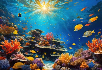stunning vibrant coral reef textures crystal clear water showcasing marine life underwater wonders, anemone, algae, beauty, biodiversity, blue, bubbles