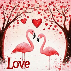 Naklejka premium Two flamingos in love under a heart tree