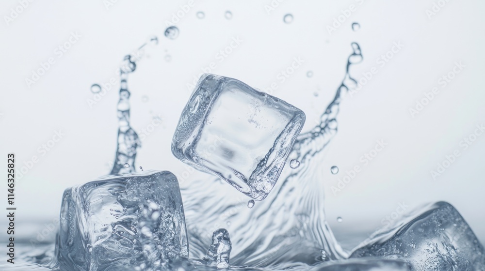 Poster ice cube splashing into water, creating dynamic droplets and ripples.