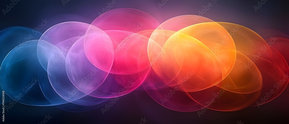 Poster a vibrant, abstract design featuring overlapping circles in shades of pink, blue, and orange, creati