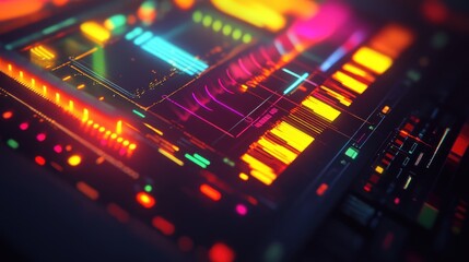 Obraz premium Abstract colorful digital interface with glowing lines and data visualization.