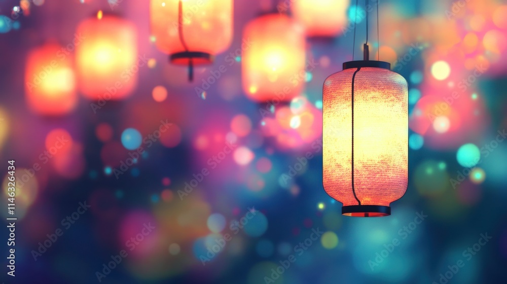 Poster vibrant colorful lanterns displaying soft illumination with dreamy bokeh background creating a magic