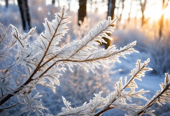 Obraz premium captivating scene ice coated branches glistening radiantly gentle winter creating sparkling frozen wonderland, light, frost, crystal, nature, sparkle