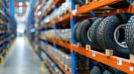 Fototapeta premium Car tires on shelves in warehouse or distribution warehouse. Blurred background.
