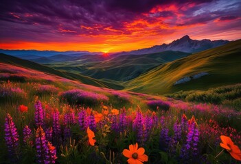 dramatic sunset landscape featuring vibrant colors nature stunning skies vivid terrain underneath orange hue, sky, twilight, evening, horizon, clouds, warmth