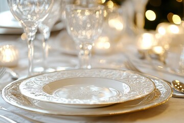 Elegant Table Setting with Fine China and Sparkling Glassware Under Soft Lighting for Festive Dining Experience
