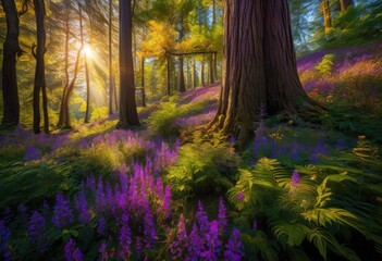 lush vibrant forest landscape showcasing array colorful flora elements striking natural scene, trees, greenery, flowers, plants, nature, sunlight, leaves