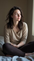 Fototapeta premium Contemplative woman indoor space portrait photography soft lighting side view