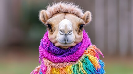 Naklejka premium Close-up portrait of a camel wearing a colorful knitted scarf.
