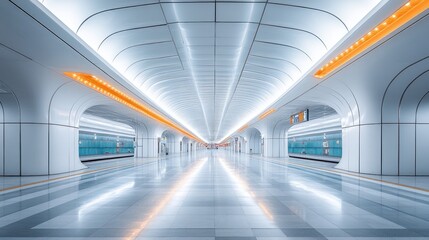 Modern, futuristic subway station platform with bright lighting and sleek design.