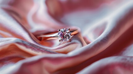 Obraz premium The wedding diamond ring is placed on a pink gold cloth
