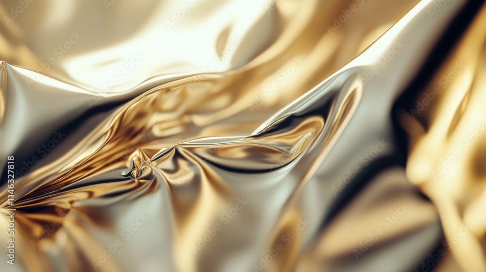 Poster a close-up of shiny, crumpled golden fabric showcasing texture and light reflections.