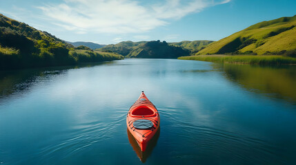 Serene Kayaking Adventure: A Realistic Image of a Red Kayak on a Calm Lake Surrounded by Lush Green Hills