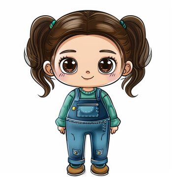 recommend clip art: Cute cartoon girl with brown hair in pigtails wearing overalls and a teal shirt, smiling.