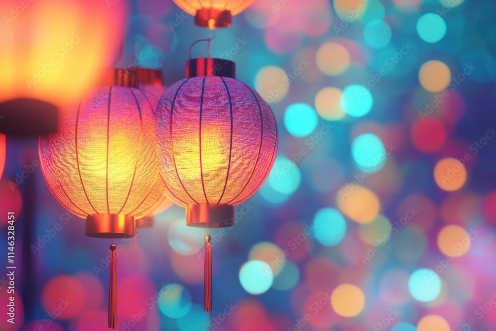 Poster colorful lanterns illuminated against a vibrant bokeh background creating a magical atmosphere for c