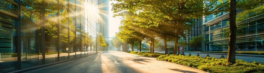 urban panorama with tall buildings and green trees, featuring modern architecture.