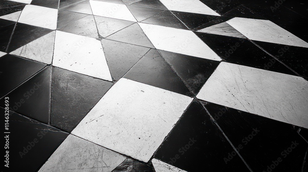Poster A close-up view of a black and white geometric tiled floor with diamond patterns.