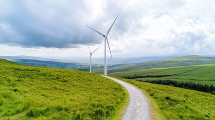 Wind turbines on a green hill with a winding road.