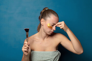 feeling stressed, unhappy and frustrated, touching forehead and suffering migraine of severe...