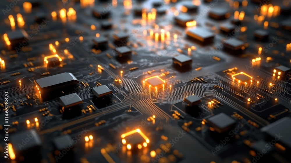 Fototapete a close-up view of a circuit board with glowing components, illustrating technology and innovation.
