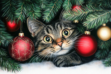 Close up of a Tabby cat peeking out from under a decorated Christmas tree outside in the snow. Red ornaments on the tree.