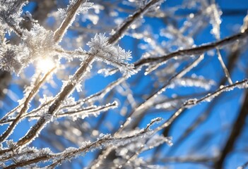 glistening frost covered branches shining soft sunlight clear blue sky, sparkling, winter, nature, trees, ice, glowing, landscape, frozen, beauty