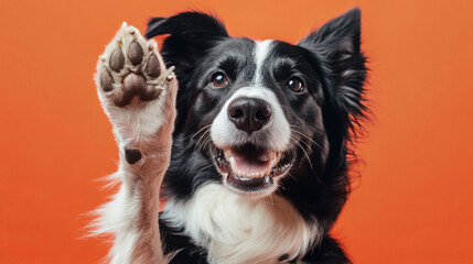 cheerful Border Collie with its paw raised against orange background, showcasing its playful and intelligent nature