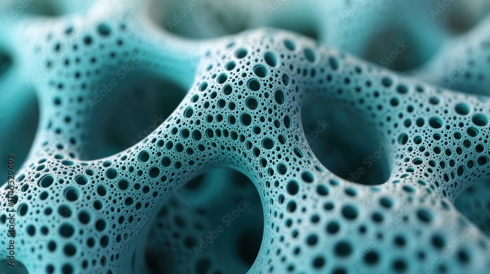 Poster a close-up view of a porous, abstract structure with intricate patterns and textures.