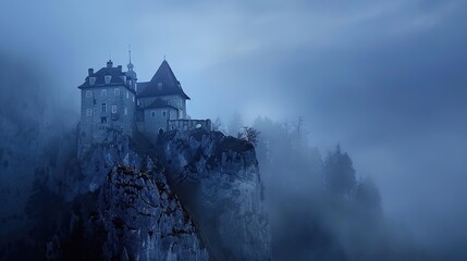 Naklejka premium Misty Castle on a Cliff