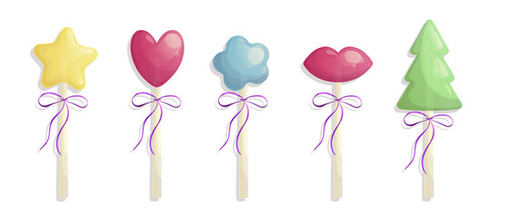 A set of lollipops of different shapes: heart, flower, lips, star, Christmas tree. Vector illustration on a white background for a poster, banner, postcard, advertisement.