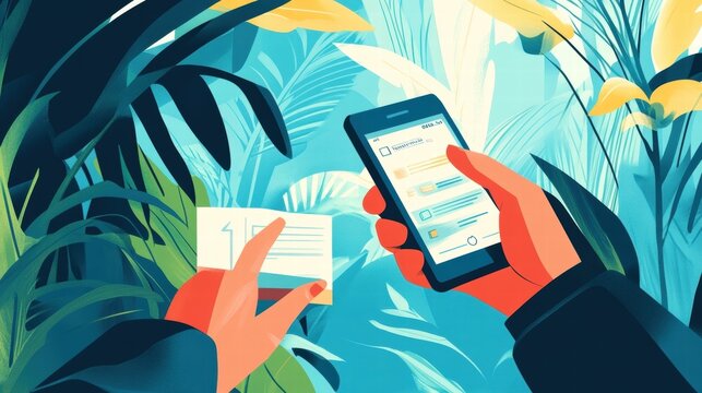 mobile banking and paperless statements in a lush tropical setti
