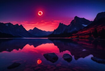 dramatic landscape striking red moon reflections calm water capturing spectacular evening scene, moonlight, sky, clouds, nature, beauty, colors, light