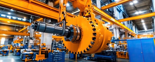 Fototapeta premium A large yellow gear mechanism hangs in a modern industrial setting, showcasing heavy machinery and an organized workspace.
