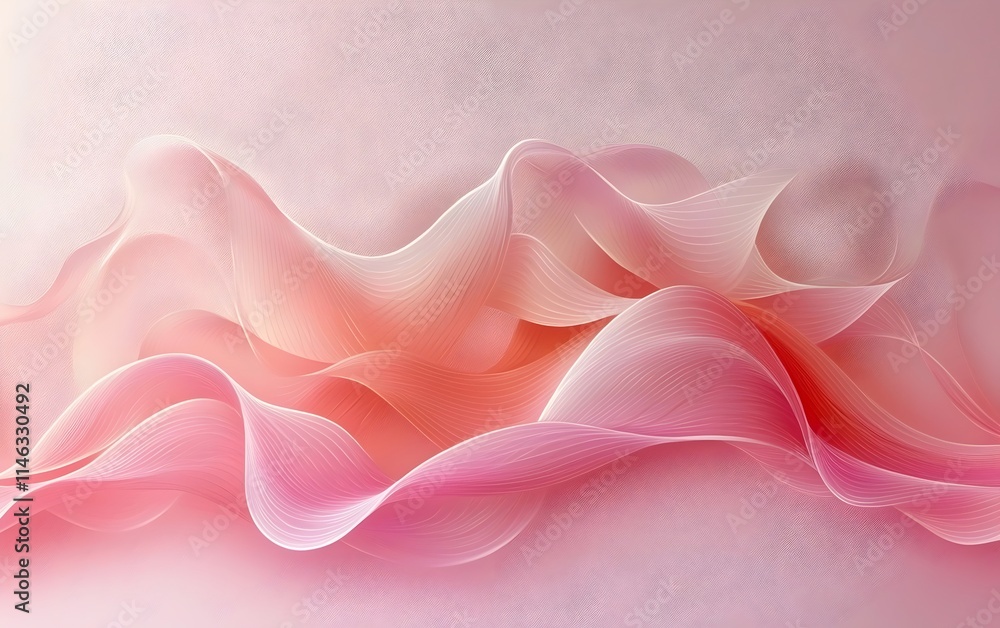 Poster an abstract composition of flowing waves in soft pink and peach tones, creating a serene and delicat