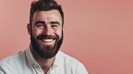 Fototapeta premium Portrait of a smiling bearded man on pink background showing happiness and confidence