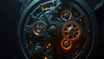 Fototapeta premium 4K HD Wallpapers Intricate Mechanical Clockwork With Glowing Gears Rotating In A Dark Environment. Desktop Wallpaper HD. HD Backgrounds