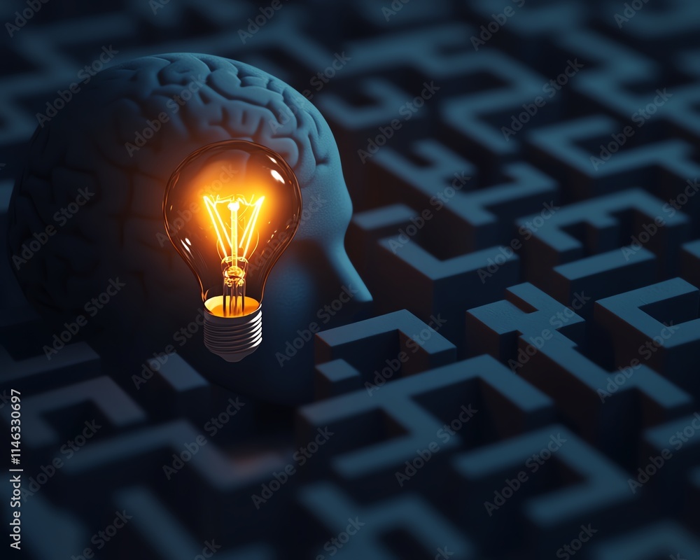 Poster a glowing lightbulb at the center of a maze designed like a human head, representing the journey of 